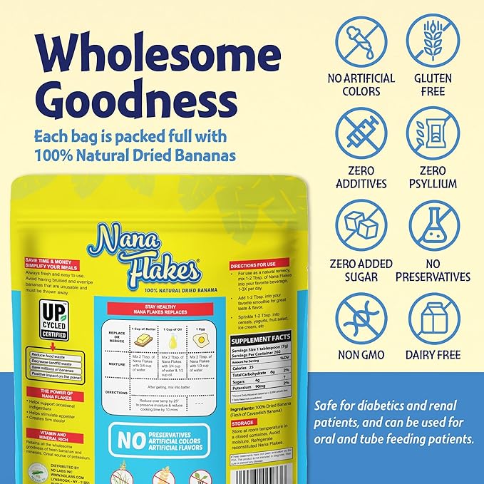 Nutritional Designs Nana Flakes 100% Natural Banana Powder Digestive Support - Source of Potassium &amp Fiber - Substitute for Eggs Butter or Oil in Baking (2LB Bag)