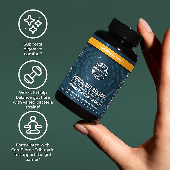 Primal Harvest Restore for Gut Health Primal Gut Restore w/POSTbiotics PREbiotics and PRObiotics for Women and Men 60 CT - Digestion Colon Cleanse Immunity Support - Helps Leaky Gut Repair