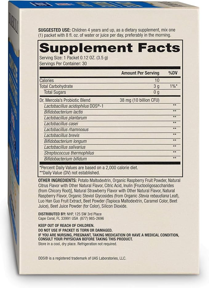 Dr. Mercola Complete Probiotics Powder Packets for Kids - Supports Digestive &amp Immune Health - 10 Strains - with Prebiotics - Non-GMO Gluten-Free &amp Soy-Free - 30 Packets