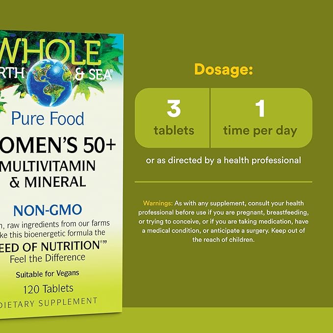 Natural Factors Whole Earth &amp Sea Women's 50+ Multivitamin &amp Mineral - Daily Multivitamin with Calcium Selenium &amp More - Supports Bone &amp Brain Health - 120 Tablets (60 Servings)