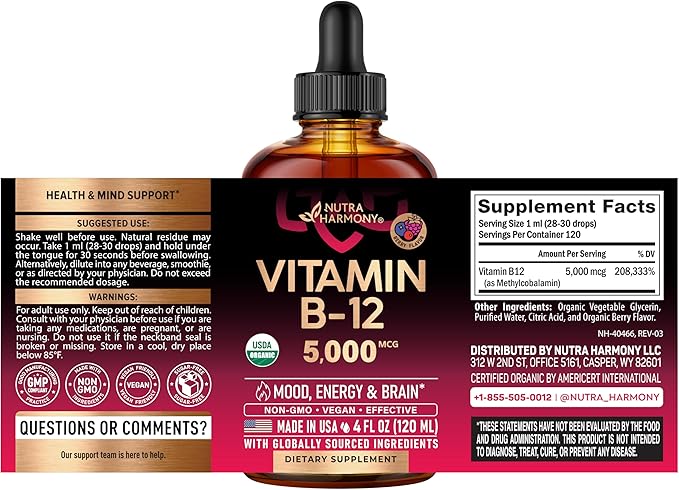 USDA Organic Vitamin B12 Sublingual Drops - 5000 mcg Liquid Vegan Methylcobalamin for Women &amp Men - Energy Boost Focus &amp Mood Brain Health Support - Maximize Absorption - 4 Month Supply 4 f