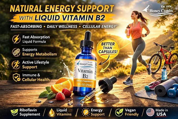 HoneyCombs Vitamin B2 Riboflavin Liquid Drops - Made in The USA - Natural High Potency Fast Absorption Vitamin B2 for Men Women &amp Children - Vegan Formula - Bulk Sizes Also Available