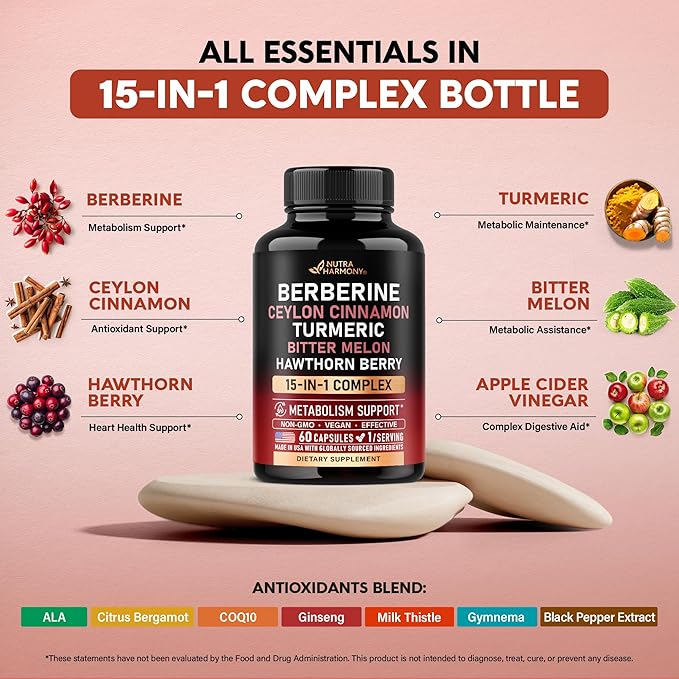 Berberine with Ceylon Cinnamon | Bitter Melon (Karela) | Apple Cider Vinegar | Hawthorn Berry | Citrus Bergamot | Turmeric - 15-in-1 Supplement for Heart Support Metabolism &amp Energy - 60 Capsules