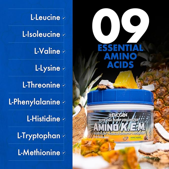 Evogen Amino K.E.M. - EAA &amp BCAA Powder Pump Volumizer | BCAAs Amino Acids Supplement for Blood Flow Muscle Growth &amp Hydration | Tropic Thunder | 30 Servings