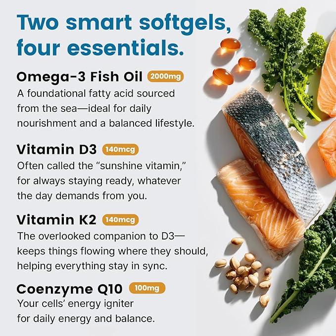 5-in-1 Fish Oil Omega 3 Supplements (2100mg) - Fish Oil with Vitamins D3 &amp K2 and CoQ10 - EPA DHA Omega 3 Supplement - Lemon Flavored Fatty Acid Supplements Pack of 2