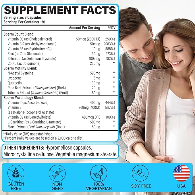 Male Fertility Supplements Advanced Fertility Supplement for Men Optimal Sperm Count Motility &amp T-Level with Maca Root Tribulus Terrestris Zinc CoQ10 Pre Conception for Him 90 Caps