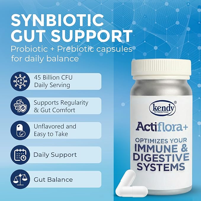 Kendy Actiflora Probiotic + Prebiotic &amp Synbiotic Capsules – Advanced Formula w/L. bulgaricus for Digestive Health &amp Gut Balance – 45 Billion CFU Daily Supplement - 300 Capsules (3 Packs)