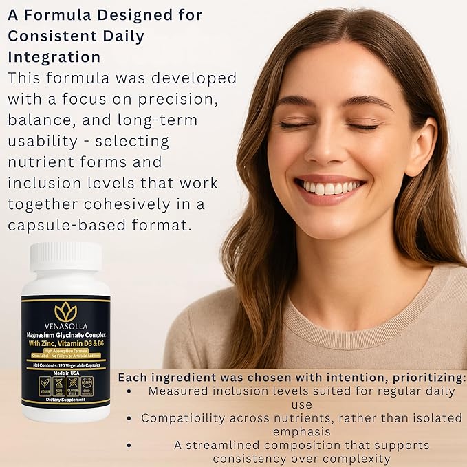 Magnesium Glycinate Complex 4-in-1 - Chelated Magnesium Bisglycinate (150 mg Elemental) with Zinc Picolinate Vitamin D3 &amp B6-120 Vegan Capsules Non-GMO - Men &amp Women
