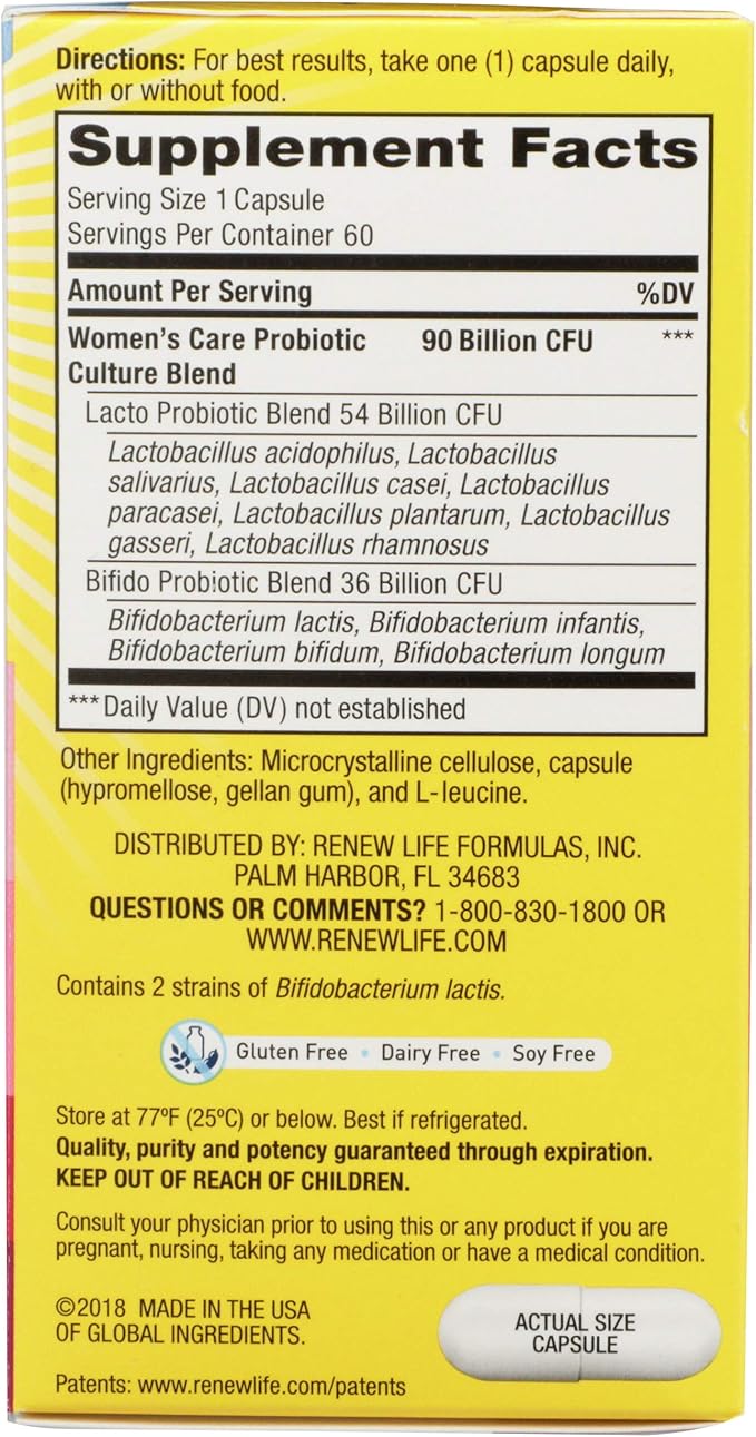 Renew Life Women's Probiotic Capsules Supports pH Balance for Women Vaginal Urinary Digestive and Immune Health L. Rhamnosus GG Dairy Soy and Gluten-Free 90 Billion CFU - 60 Ct
