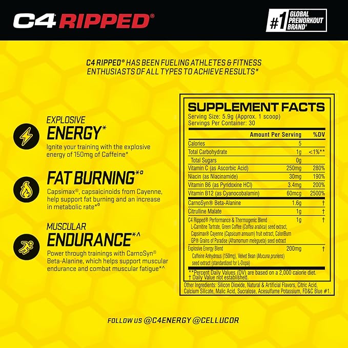 C4 Ripped Pre Workout Powder for Energy Beta Alanine Sugar Free Energy Supplement Preworkout for Men &amp Women - 150mg Caffeine + Creatine-Free - Icy Blue Razz - 30 Servings