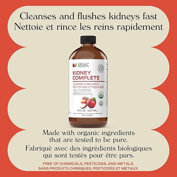 Complete Natural Products Kidney Complete - 8oz Organic Liquid for Kidney Support Cleanse and Detox with Apple Cider Vinegar Lemon &amp Organic Chanca Piedra.