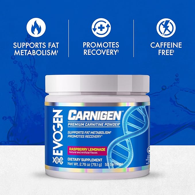 Evogen Carnigen - Premium Carnitine Powder | Supports Fat Metabolism &amp Promotes Recovery | Stimulant-Free L Carnitine Supplement Matrix with Acetyl L-Carnitine | Raspberry Lemonade | 50 Servings