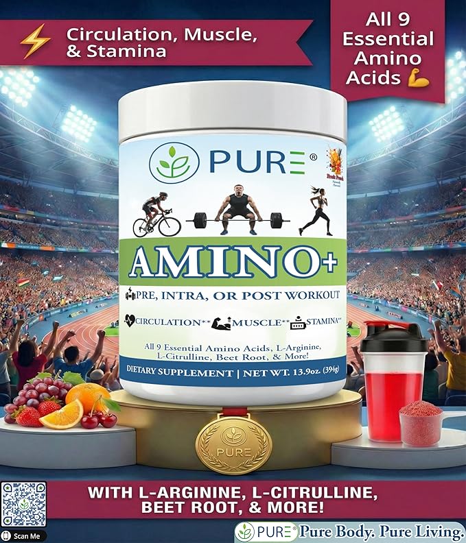 PURE® Amino+ Essential Amino Acids Powder - 30 Servings 500g - Full Spectrum EAA with L-Arginine L-Citrulline &amp Beet Root - Muscle Recovery &amp Hydration Drink - Fruit Punch Flavor Made in US