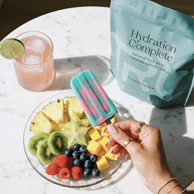 TRU Supplements Hydration Complete BCAA Plant Based Amino Acids + Pink Himalayan Salt Electrolytes &amp L-Carnitine Vegan Zero Calories No Artificial sweeteners 24 Servings Tropical Popsicle