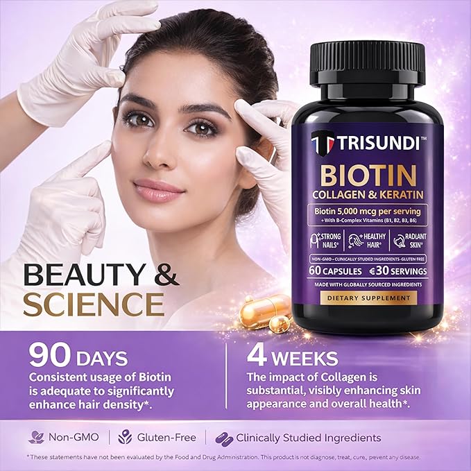 Biotin 5000 mcg Capsules with Collagen &amp Keratin B-Complex Vitamins B1 B2 B3 B5 B6 B12 Hair Skin Nail Support Formula 60 Capsules