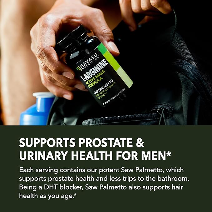 L-Arginine 500mg and Saw Palmetto 500mg - Nitric Oxide and Prostate Health Supplements for Men - 60 Count - Endurance and Urinary Tract Function Support - 1 Month Supply - Vegan Non-GMO Capsules
