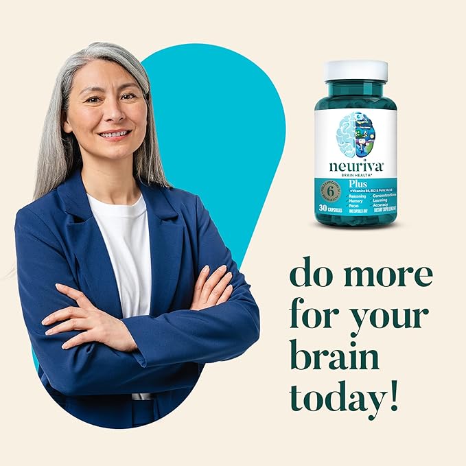 NEURIVA Plus Brain Supplement for Memory and Focus Clinically Tested Nootropics for Concentration for Mental Clarity Cognitive Enhancement Vitamins B6 B12 Phosphatidylserine 30 Capsules