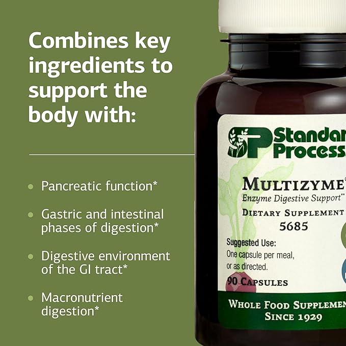 Standard Process Multizyme - Pancreatic Enzyme Supplement to Support the Breakdown of Proteins Carbohydrates &amp Fats - Digestive Support - Gluten-Free Non-Dairy &amp Non-Soy - 90 Capsules (90 Se