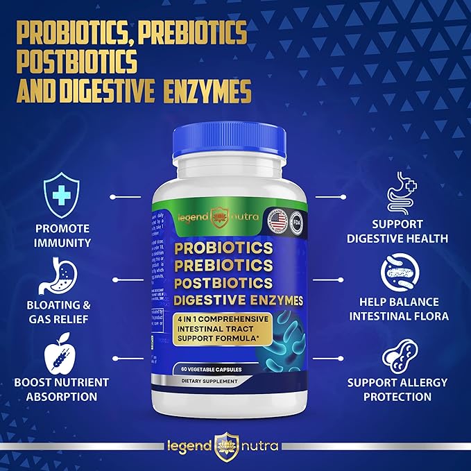 Probiotics + Prebiotics Postbiotics Digestive Enzymes = 4 in 1 Formula Supplement for Better Digestion Health Women Men and Gut 2-Pack 120 Count