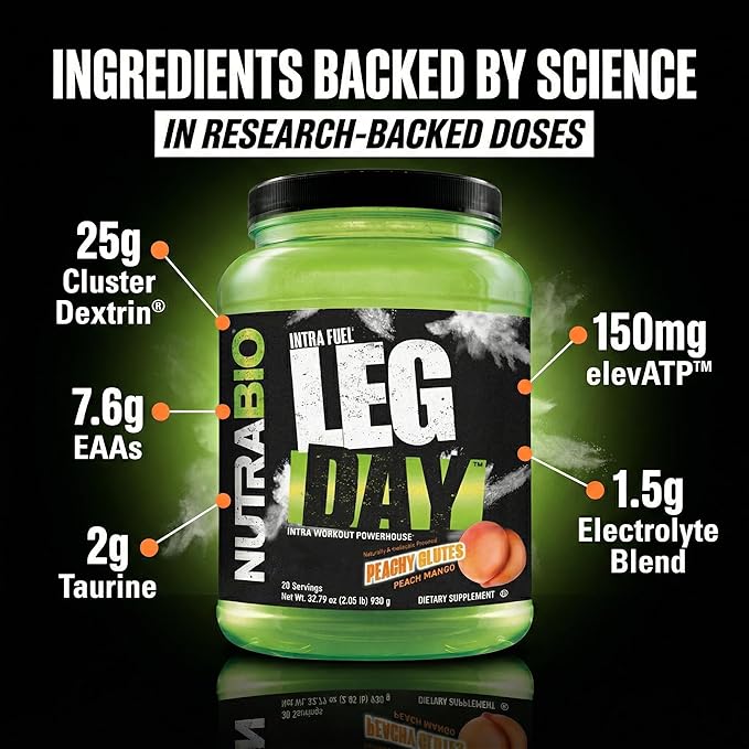 NutraBio Leg Day Intra Workout Powder - Advanced Carb Supplement with Cluster Dextrin &amp Electrolytes - Carb Powder with EAAs/BCAAs - Cyclic Dextrin for Performance - Peach Mango - 20 Servings