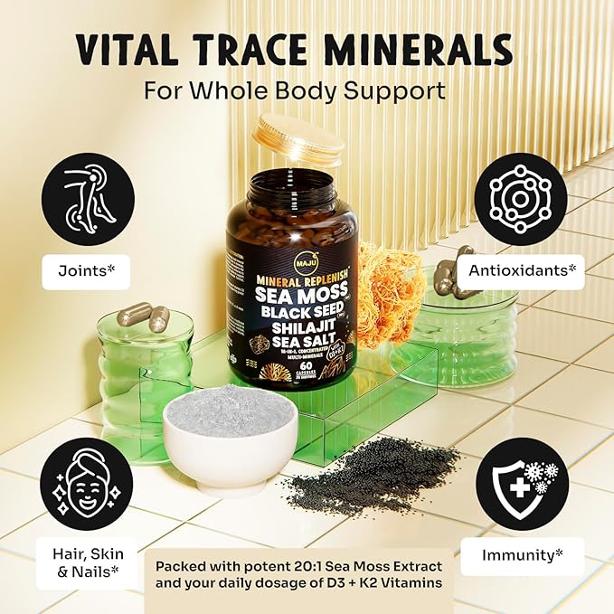 Maju Superfoods 18-in-1 Sea Moss Black Seed Shilajit Sea Salt + D3 &amp K2 Concentrated Extracts Trace Multi Mineral Capsules for Men &amp Women Mineral Electrolytes Supplements