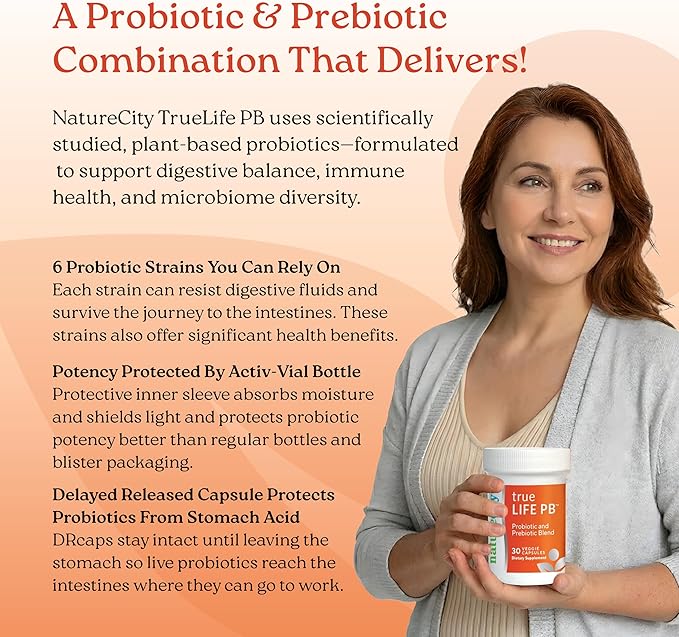 NatureCity True-Life-PB Shelf Stable Blend Prebiotics and Probiotics for Women and Men - Digestive Gut Health Supplements for Women and Men - Dairy Free - (60 Veggie Capsules)