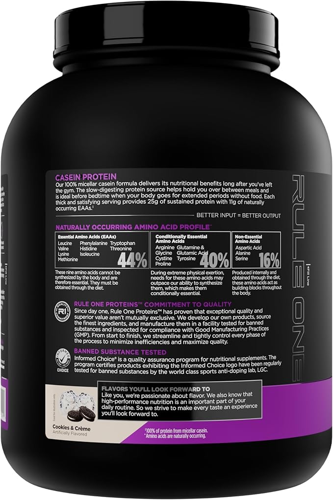 Rule 1 Proteins Casein Protein - 25g Protein and 11g EAAs Per Serving from Slow-Release Micellar Casein for Overnight Recovery and Sustained Delivery Between Meals (4 Pounds Cookies &amp Crème)