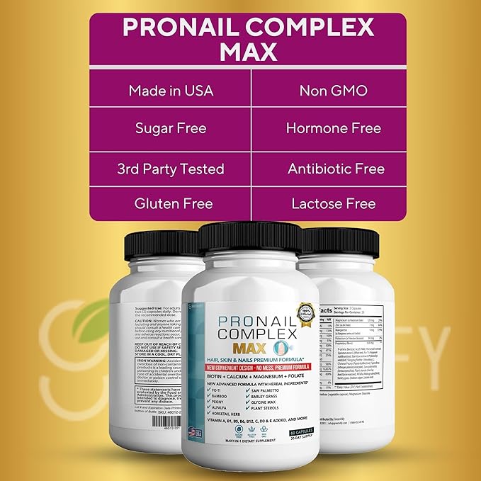 ProNail Complex Max Hair Skin &amp Nails Premium Supplement with Biotin &amp Herbal Blend 60 Capsules 30 Day Supply (1)