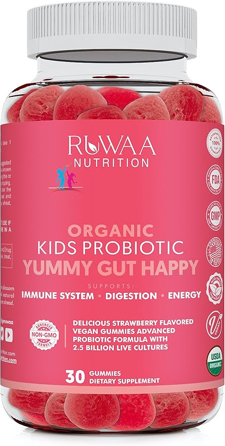 RUWAA NUTRITION Kids Organic Probiotic Gummies for Digestive Health Immune Support Constipation Bloating. 2.5 Billion CFU Strawberry Flavor Chewable Probiotics for Children Ages 4+ 30ct (1)