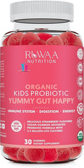 RUWAA NUTRITION Kids Organic Probiotic Gummies for Digestive Health Immune Support Constipation Bloating. 2.5 Billion CFU Strawberry Flavor Chewable Probiotics for Children Ages 4+ 30ct (1)