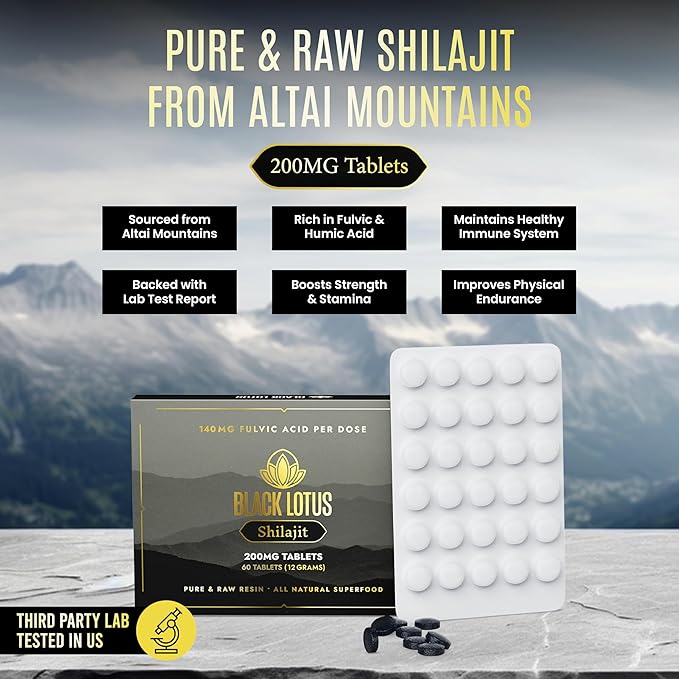 Black Lotus Shilajit Resin Tablets 60 Count 200mg Each 100% Pure Natural Shilajit for Men &amp Women with Amino Acids 140mg Fulvic Acid 85 Ionic Trace Minerals for Immune Support Focus Energy