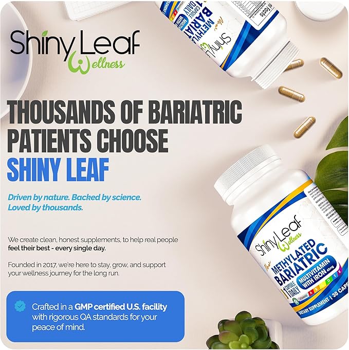 Shiny Leaf Methylated Bariatric Multivitamin with Iron 45mg – Once Daily Capsule USA Made ASMBS Compliant Bariatric Vitamins for Gastric Bypass &amp Gastric Sleeve for Men &amp Women GMP – 60 Ca