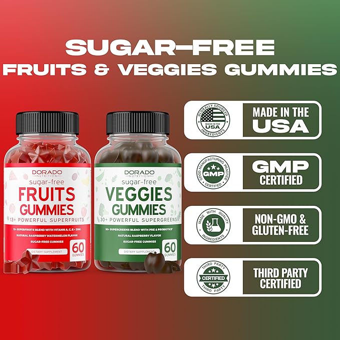 Fruit and Veggies Supplement (120 Gummies) - Premium Sugar-Free Superfood Super Green &amp Fruit Gummies for Adults - Immunity Support for Men &amp Women - Non GMO Vegan Safe &amp Made in USA