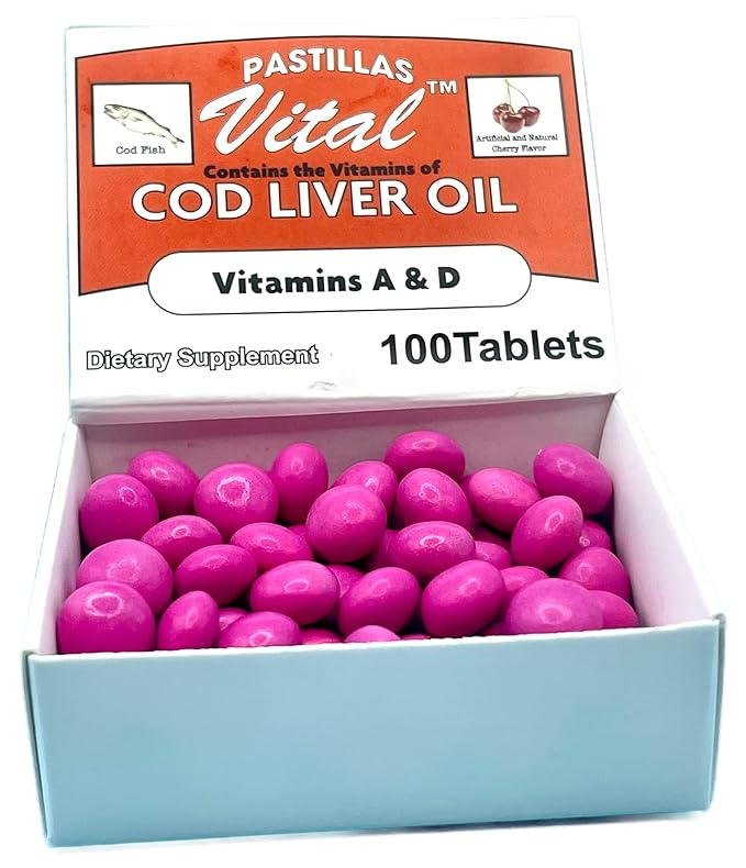 Pastillas Vital Cod Fish Liver Oil 100 Tablets Vitamin A &amp D and Reinforced with Vitamin C