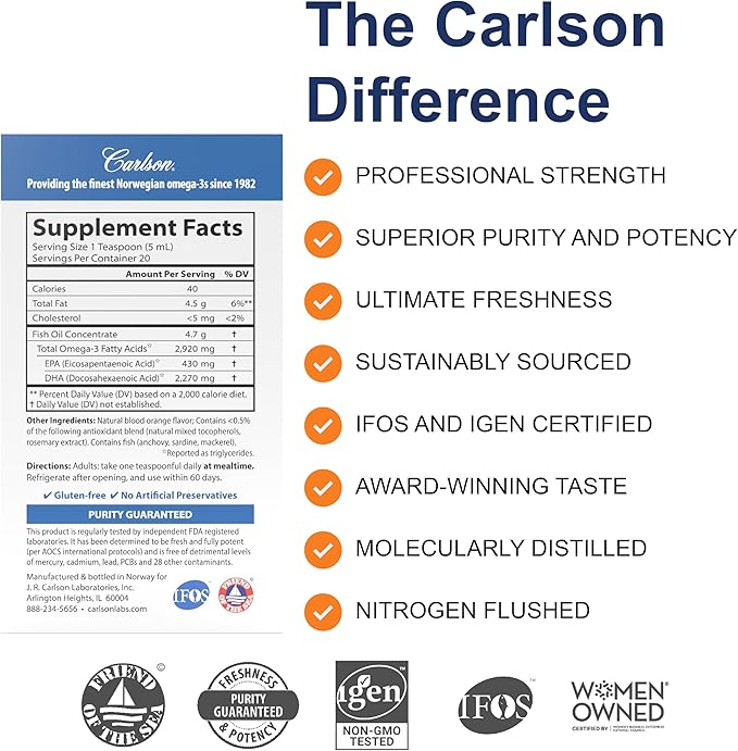 Carlson - Elite DHA 2270 mg DHA Professional Strength Norwegian Fish Oil Concentrate Cognitive Function &amp Vision Support Orange 100 mL
