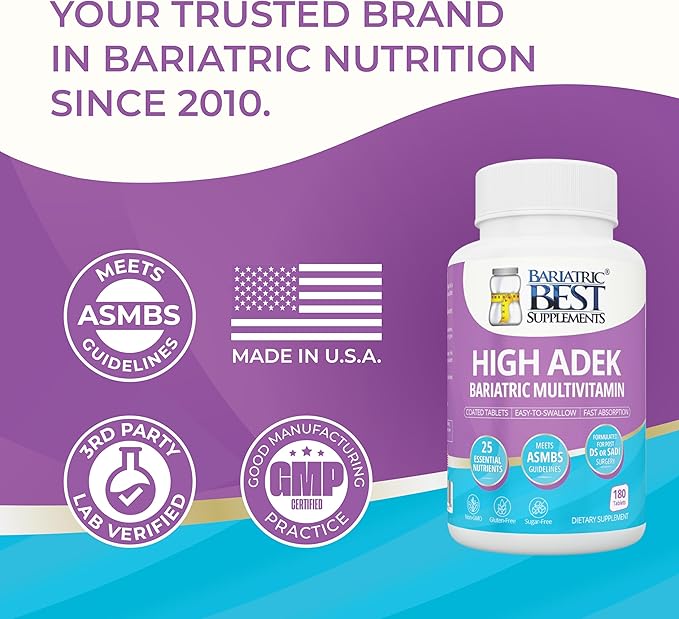 High ADEK Bariatric Multivitamin | DS SADI &amp BPD/DS Surgery | Fat-Soluble Vitamins A D E K | 25 Essential Nutrients | ASMBS Compliant | Made in USA | 180 Tablets — 3 Month Supply