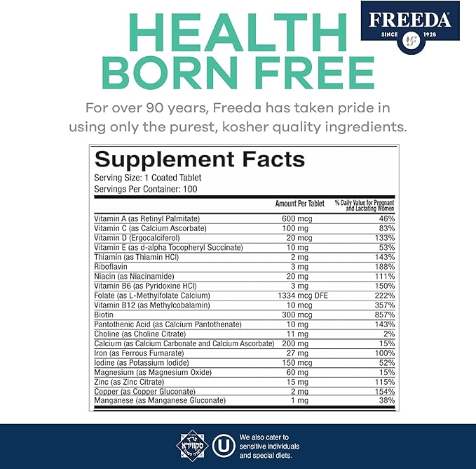 FREEDA Prenatal Vitamin - Kosher Prenatal with Iron Methylfolate (Bioavailable Folic Acid) Choline &amp Vitamin D - One Daily Multivitamin for Pregnant &amp Lactating Women (100 Count)