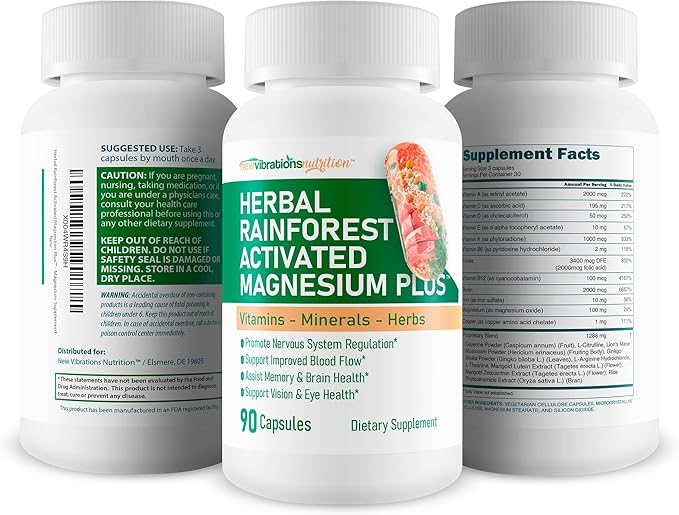 Herbal Rainforest Activated Magnesium Plus - Our Best Magnesium Combo Supplement - with Vitamin D A E K B6 Folate B12 Biotin Iron Copper Cayenne Lions Mane Mushroom Gingko Biloba &amp Mor