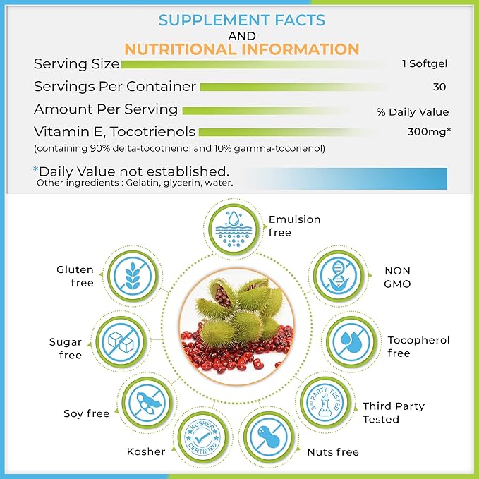 WELLNESS EXTRACT Eannatto Tocotrienols Vitamin E Supplements Tocopherol Free Non-GMO Gluten Free &amp Antioxidant (300MG 30 Softgels)