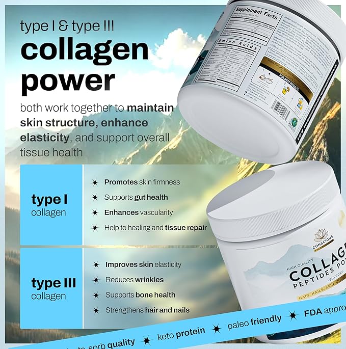 Collagen Peptides Powder – Unflavored Hydrolyzed Type I &amp III Collagen Grass-Fed Non-GMO 16 oz