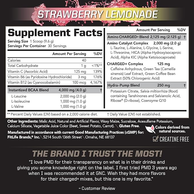 PMD Sports BCAA Charged Amino Acid Drink Mix for Performance Recovery Endurance and Hydration - Increase Muscle Function for Workout and Daily Energy - Strawberry Lemonade (30 Servings)