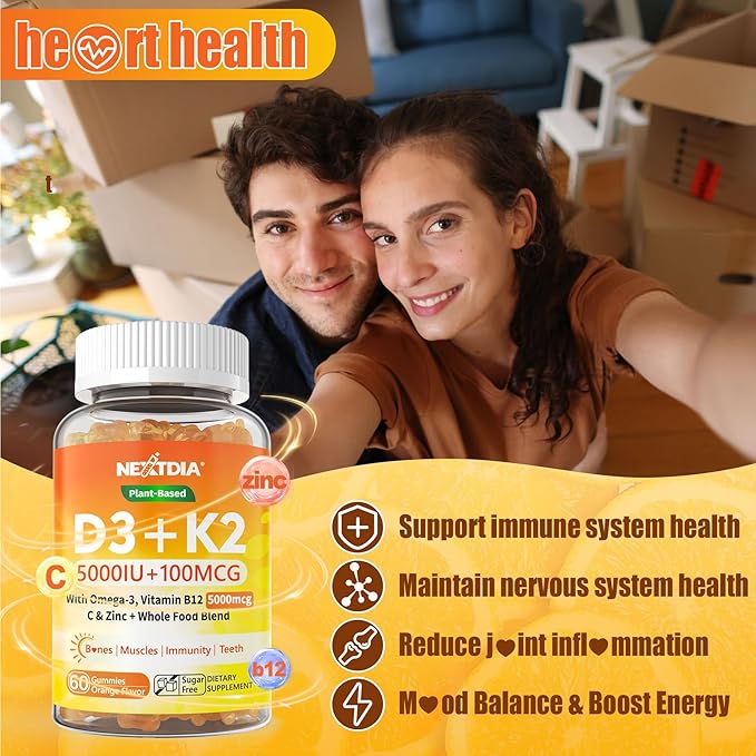 Vitamin D3 K2 Gummies 5000IU / 10000 IU with Omega-3 250mg+K2(MK-7) 100mcg -5X Absorption Than Standard D3K2with Vitamin CZincand 5 Organic VegetablesSupports Bone &amp Teeth Strength Immune1