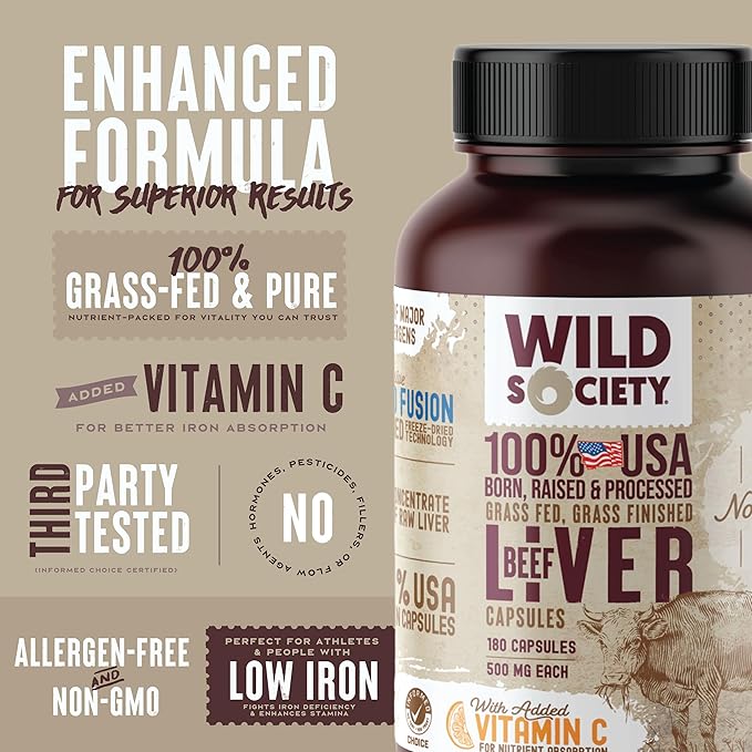 WILD SOCIETY - USA Grass Fed Beef Liver Capsules - 3000mg Max Strength for Energy Stamina Natural Detox Hair &amp Nail - Non GMO Allergen Free Beef Liver Supplement - 180 Desiccated Capsules