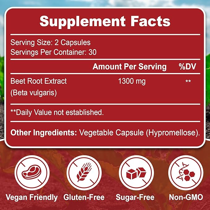 DUUDEPON Organic Beet Root Capsules - 1300mg per Serving - Supports Natural Energy Endurance - Vegan - 60 Capsules