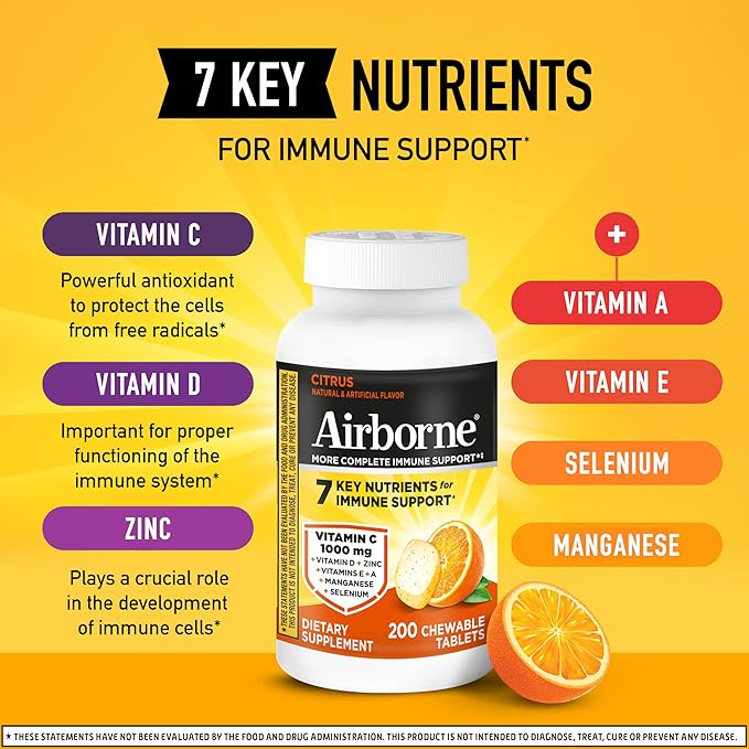 Airborne Citrus Chewable Tablets 200ct | Immune Support Supplement with 1000mg Vitamin C + Vitamins A D E ZincSelenium &amp Manganese | Herbal Blend | Gluten Free