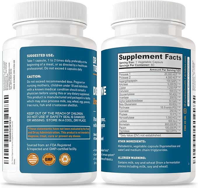 Dr. Tobias Digestive Enzymes Digestion Supplement with 18 Enzymes for Digestion and Gut Health | Includes Amylase Bromelain Lipase Lactase Protease Papain &amp More (60 Capsules 30 Servings)