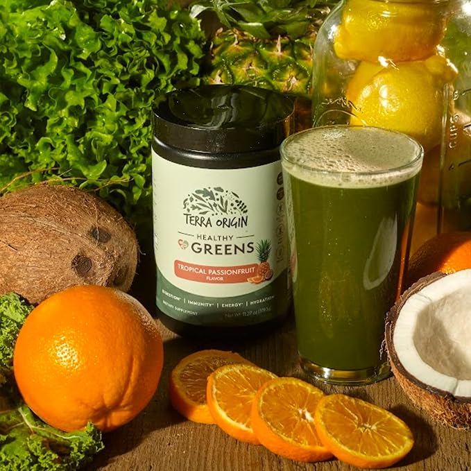 TERRA ORIGIN Healthy Greens Powder Supplement | Superfood Digestive Enzyme &amp Probiotic Blends | Immune Gut and Digestive Support for Women | Tropical Passion Fruit (30 Servings)
