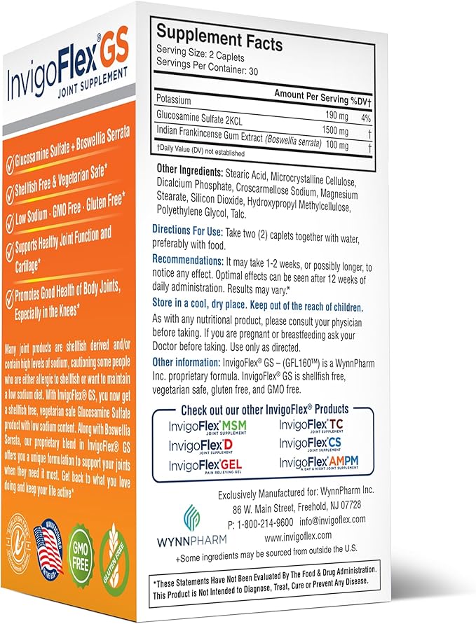 INVIGOFLEX® GS - Glucosamine Sulfate (Shellfish Free Sodium Free &amp Vegetarian Safe) Non GMO Gluten Free - with Boswellia Serrata - Knees Hands Back and Hip Premium Joint Supplement