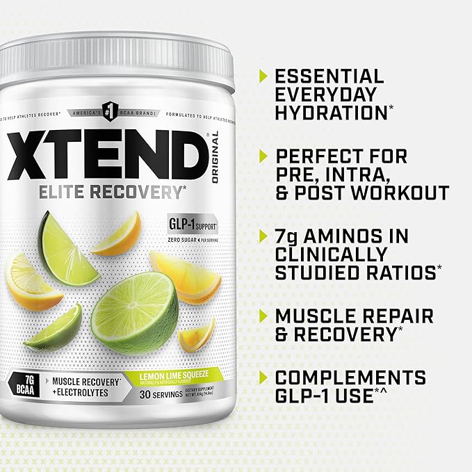 Xtend Original BCAA Powder 7g BCAAs and 2.5g L-Glutamine for Muscle Recovery Hydration and Lean Muscle Sugar Free Intra and Post Workout Drink with Electrolytes Lemon Lime Squeeze 30 Servings