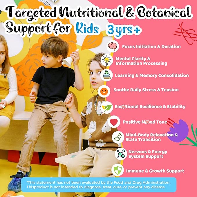 Q'ankyaq Kids Saffron Gummies Saffron Supplements for Kids (3 yrs+) Focus and Memory Gummiess Mood Balance with Rosemary Passion Flower Extract Chamomile Extract Sugar-Free Vegan 60 Counts